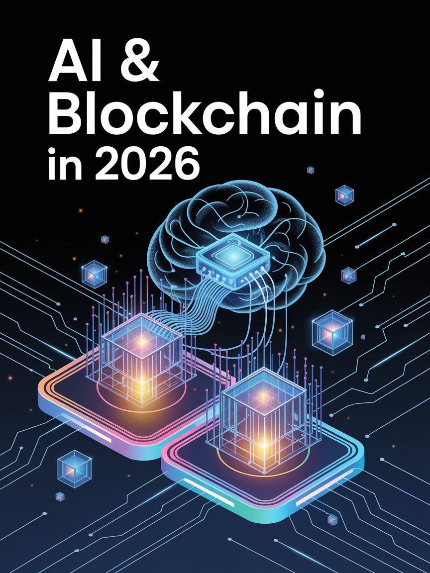 Futuristic infographic showing AI and Blockchain synergy