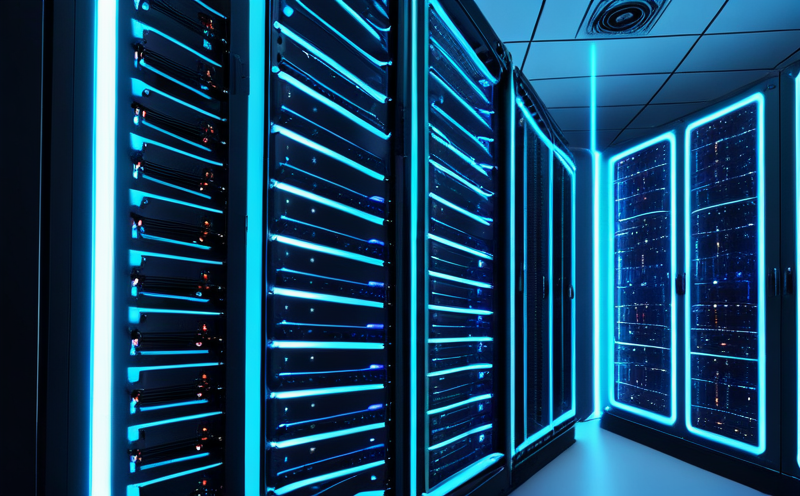 Distributed cloud computing racks and glowing blue circuits representing futuristic technology
