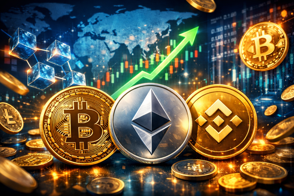 Digital illustration showing Bitcoin, Ethereum, and Binance Coin in the foreground with glowing charts, blockchain cubes, and a world map network in the background, symbolizing global cryptocurrency growth.