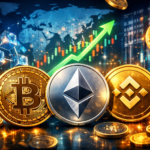 Digital illustration showing Bitcoin, Ethereum, and Binance Coin in the foreground with glowing charts, blockchain cubes, and a world map network in the background, symbolizing global cryptocurrency growth.