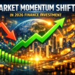 Digital illustration showing a glowing green upward arrow and a red downward arrow over a city skyline and Earth network background, with charts, coins, and the headline ‘Market Momentum Shifts in 2026 Finance Investment,’ symbolizing global financial trends and investment shifts