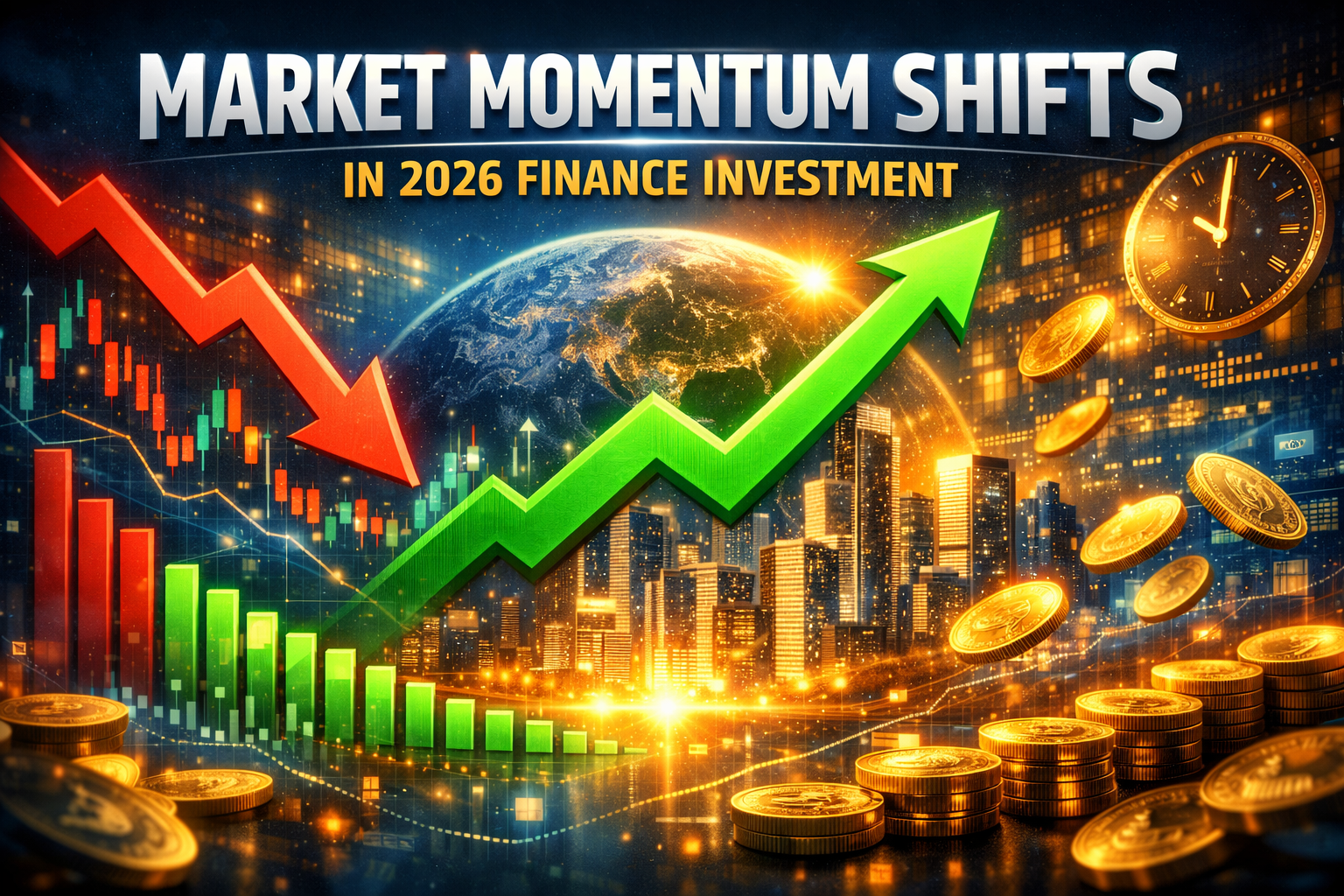 Digital illustration showing a glowing green upward arrow and a red downward arrow over a city skyline and Earth network background, with charts, coins, and the headline ‘Market Momentum Shifts in 2026 Finance Investment,’ symbolizing global financial trends and investment shifts