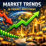 Digital illustration showing a green upward arrow and a red downward arrow over financial charts, blockchain cubes, and a glowing city skyline with Earth network connections, symbolizing global market trends and investment dynamics.