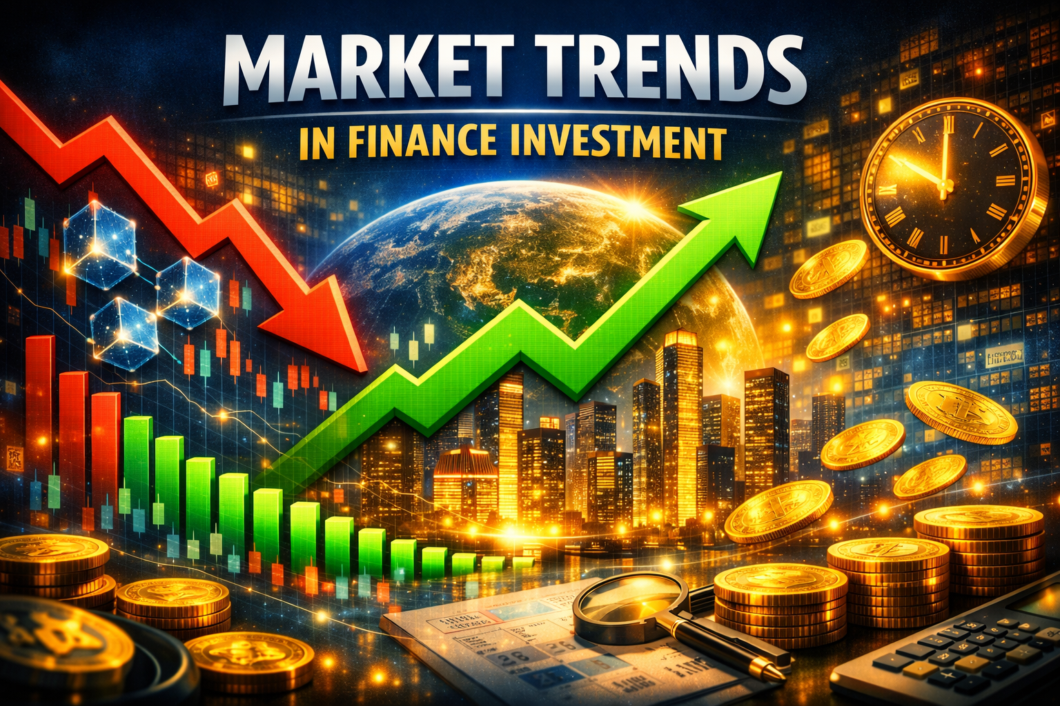 Digital illustration showing a green upward arrow and a red downward arrow over financial charts, blockchain cubes, and a glowing city skyline with Earth network connections, symbolizing global market trends and investment dynamics.