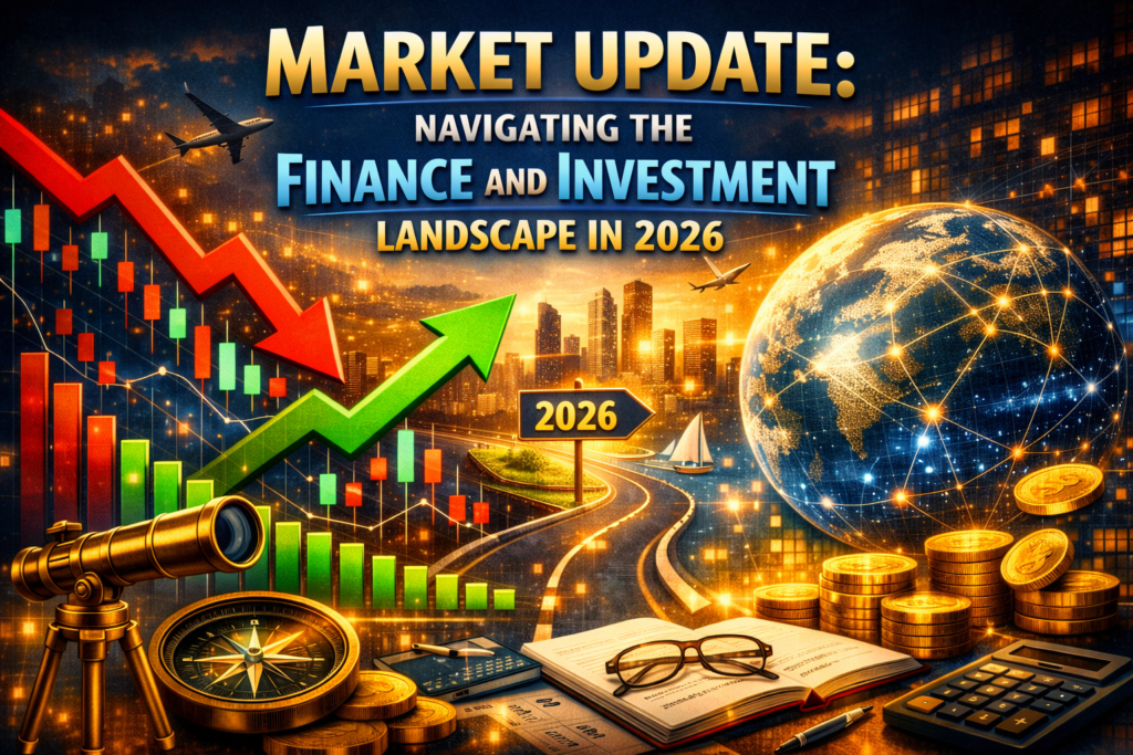 Digital illustration showing a telescope, compass, and glowing globe with network connections, alongside upward and downward arrows, financial charts, and a futuristic city skyline under a golden sunset, symbolizing the 2026 finance and investment landscape.