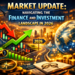 Digital illustration showing a telescope, compass, and glowing globe with network connections, alongside upward and downward arrows, financial charts, and a futuristic city skyline under a golden sunset, symbolizing the 2026 finance and investment landscape.