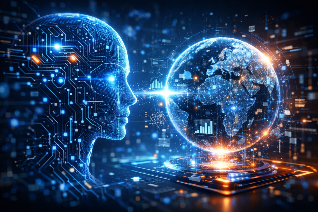 Futuristic digital illustration showing a glowing AI human head made of circuitry connected by a beam of light to a holographic Earth globe surrounded by data networks, charts, and neural symbols, representing next-gen AI technology in 2026