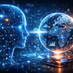 Futuristic digital illustration showing a glowing AI human head made of circuitry connected by a beam of light to a holographic Earth globe surrounded by data networks, charts, and neural symbols, representing next-gen AI technology in 2026
