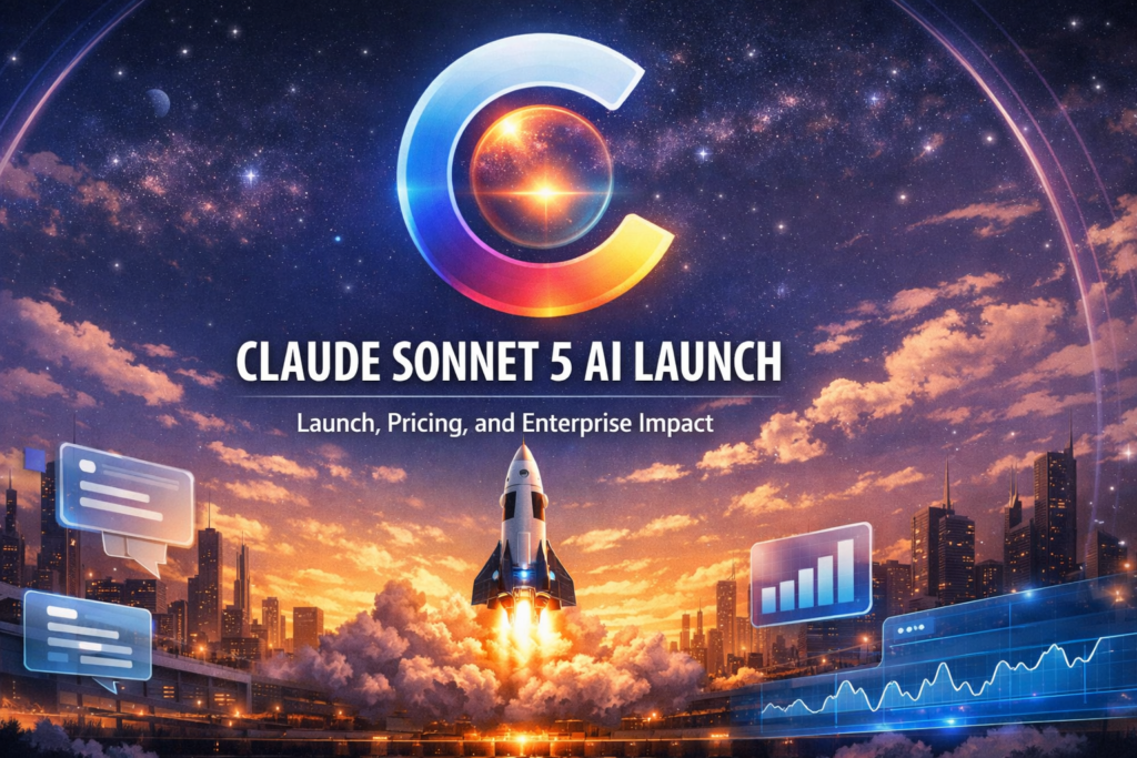 Wide-format futuristic illustration of Claude Sonnet 5 AI launch featuring a glowing 'C' logo with radiant orb, rocket ascending from a modern platform, holographic charts and waveforms, and a futuristic cityscape under a vibrant sunset sky. Text reads 'Claude Sonnet 5 AI Launch: Launch, Pricing, and Enterprise Impact.