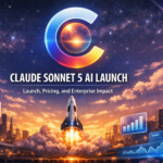 Wide-format futuristic illustration of Claude Sonnet 5 AI launch featuring a glowing 'C' logo with radiant orb, rocket ascending from a modern platform, holographic charts and waveforms, and a futuristic cityscape under a vibrant sunset sky. Text reads 'Claude Sonnet 5 AI Launch: Launch, Pricing, and Enterprise Impact.