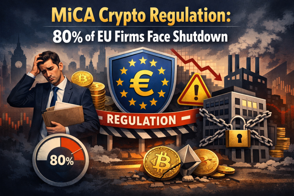 A dramatic digital illustration showing the impact of MiCA crypto regulation: a distressed businessman beside a padlocked office building, an EU shield with “REGULATION” tape, cracked Bitcoin and Ethereum coins on the ground, and a red downward-trending chart. An 80% gauge highlights the shutdown risk, set against a dark European skyline with stormy clouds.