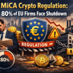 A dramatic digital illustration showing the impact of MiCA crypto regulation: a distressed businessman beside a padlocked office building, an EU shield with “REGULATION” tape, cracked Bitcoin and Ethereum coins on the ground, and a red downward-trending chart. An 80% gauge highlights the shutdown risk, set against a dark European skyline with stormy clouds.