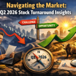 A dynamic digital illustration showing a businessman analyzing market data beside a telescope aimed at rising charts. A split trend line transitions from red downward to green upward, with a signpost labeled “Challenge” and “Opportunity.” A compass marked “Q2 2026” sits at the center, while a bull figurine and gold coins symbolize recovery under a bright sky emerging from storm clouds over a city skyline.