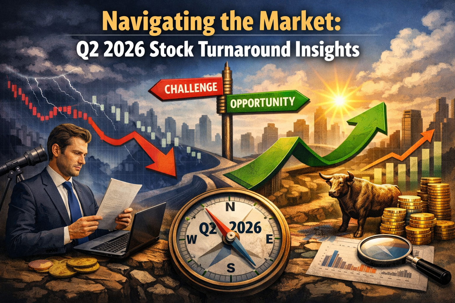 A dynamic digital illustration showing a businessman analyzing market data beside a telescope aimed at rising charts. A split trend line transitions from red downward to green upward, with a signpost labeled “Challenge” and “Opportunity.” A compass marked “Q2 2026” sits at the center, while a bull figurine and gold coins symbolize recovery under a bright sky emerging from storm clouds over a city skyline.