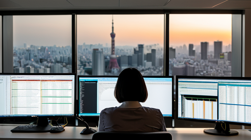 Developer optimizing large language models on dual-monitor workstation in a high-rise office