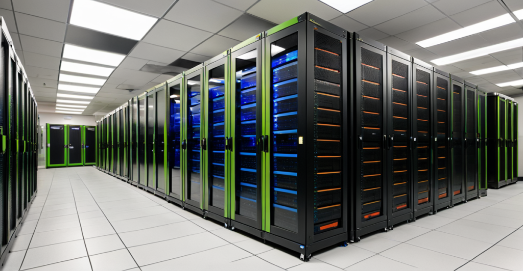 High-density GPU server racks in a modern data center driving artificial intelligence processing.