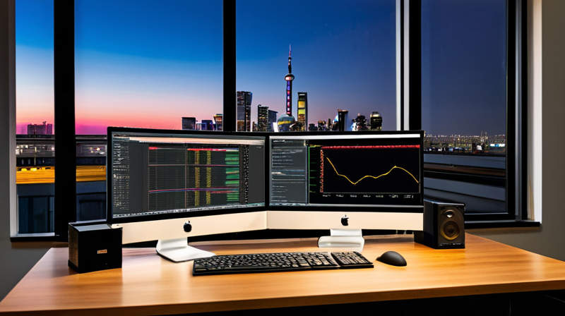 A modern developer workspace featuring multiple monitors displaying code and system diagnostics.