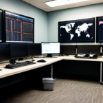 Network operations center dashboard monitoring server performance and resource allocation.