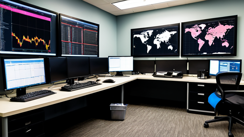 Network operations center dashboard monitoring server performance and resource allocation.