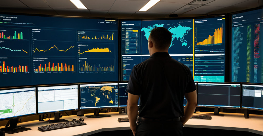 Cybersecurity operations center monitoring digital asset networks and exchange security metrics.