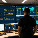 Cybersecurity operations center monitoring digital asset networks and exchange security metrics.