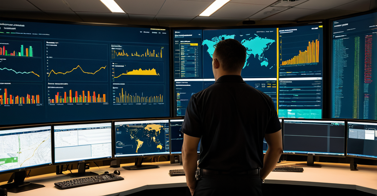 Cybersecurity operations center monitoring digital asset networks and exchange security metrics.