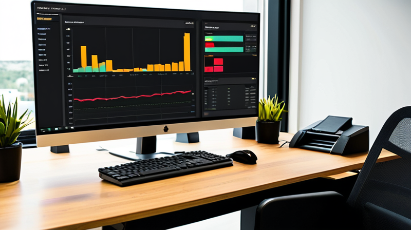 Dual-monitor workstation displaying asset tracking software and a hardware security key on the desk.