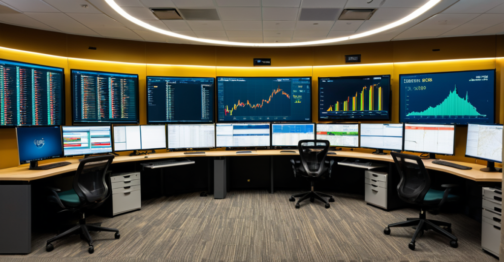 A modern financial operations center displaying real-time cryptographic transaction flows and exchange metrics.