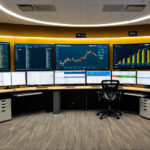 A modern financial operations center displaying real-time cryptographic transaction flows and exchange metrics.
