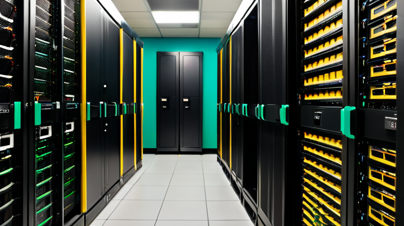 Enterprise server rack with blinking status lights representing secure database management and cryptographic operations.