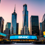 Financial district skyline with Crypto.com Arena sign, showing market data overlay