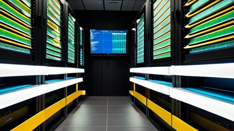 Server room with glowing racks, displaying real-time blockchain transaction data on a monitor