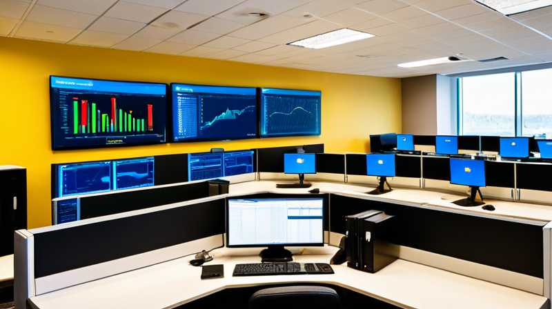 Cybersecurity operations center with large screens displaying network diagrams and compliance dashboards
