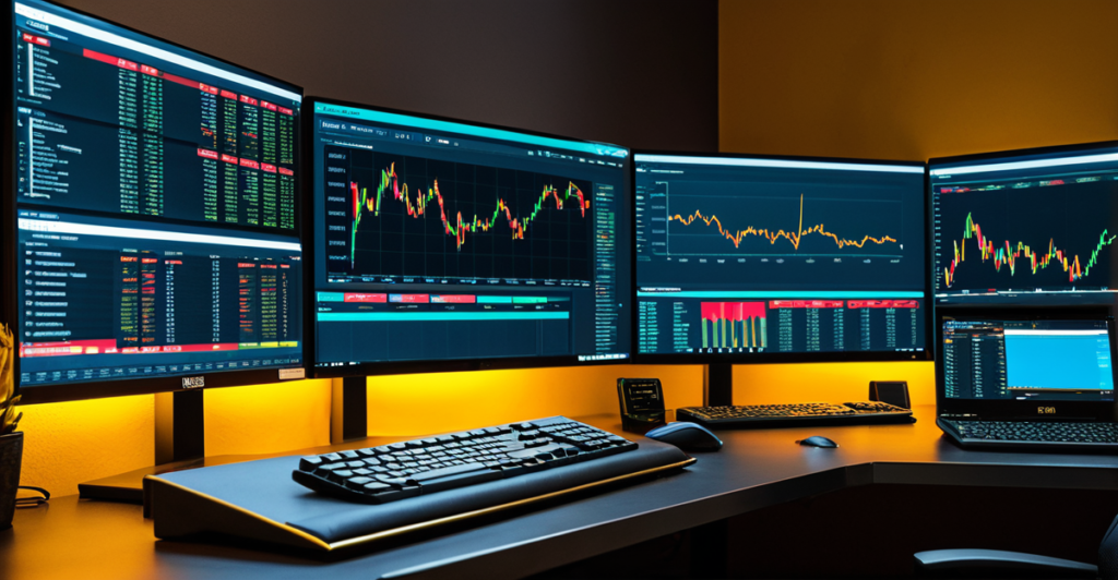 A modern cryptocurrency trading desk with market charts and hardware wallet