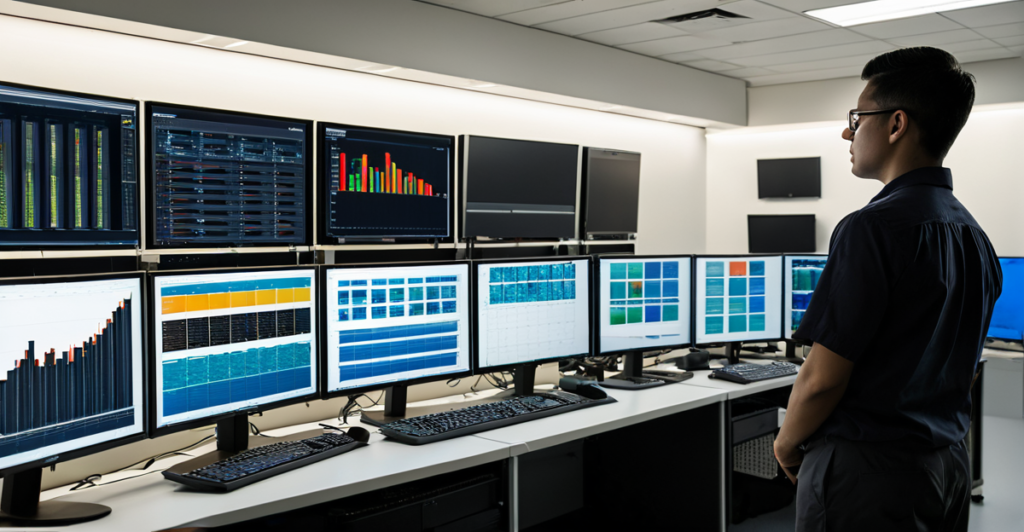 Modern AI research lab with data visualizations and server racks, illustrating advanced AI technology research.