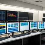 Modern AI research lab with data visualizations and server racks, illustrating advanced AI technology research.