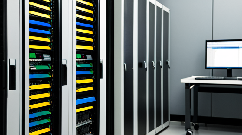 Server room with rows of rack-mounted server units and a technician examining a diagnostic screen, representing AI infrastructure.