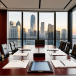 A modern corporate boardroom table prepared for a financial strategy meeting.