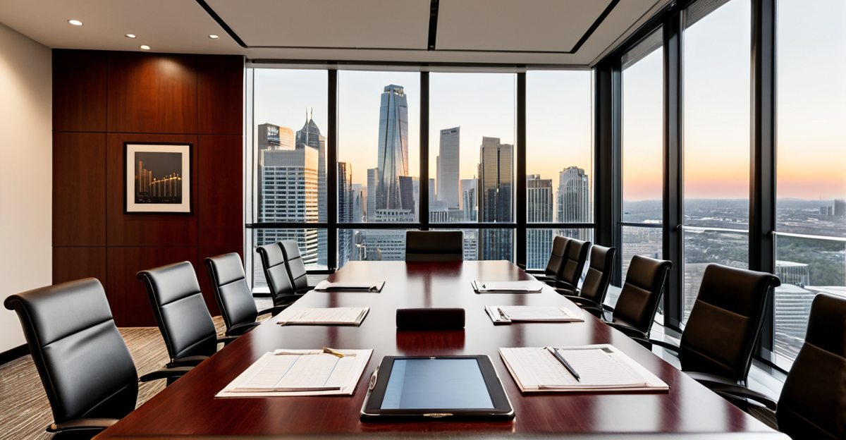 A modern corporate boardroom table prepared for a financial strategy meeting.