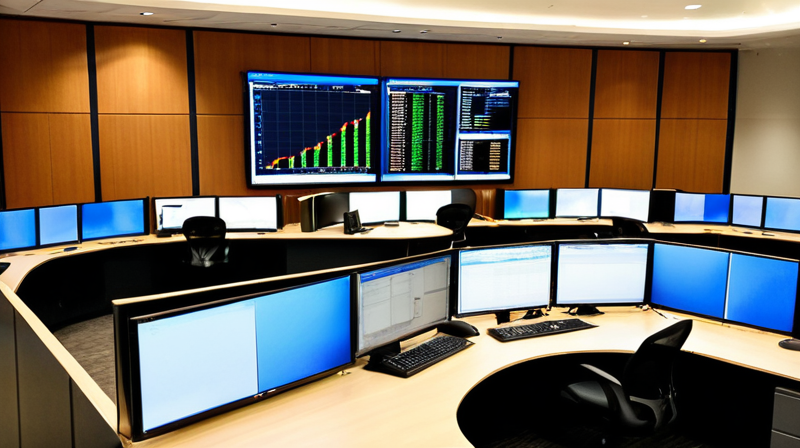 A corporate financial control room with wall-mounted LED dashboards displaying market indices.
