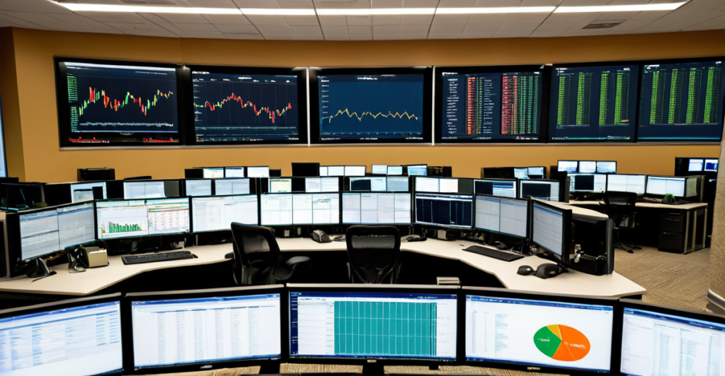Modern financial trading floor showing market charts and data dashboards on large screens.