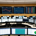 Modern financial trading floor showing market charts and data dashboards on large screens.