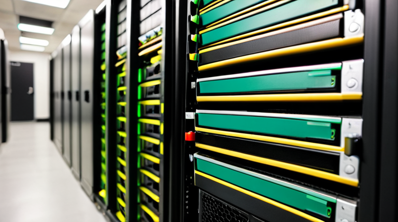 Secure server room cabinet with blinking LED status lights representing blockchain infrastructure.
