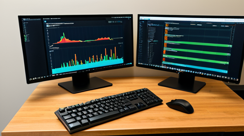 Developer workspace showing code and blockchain node status dashboard on dual monitors.