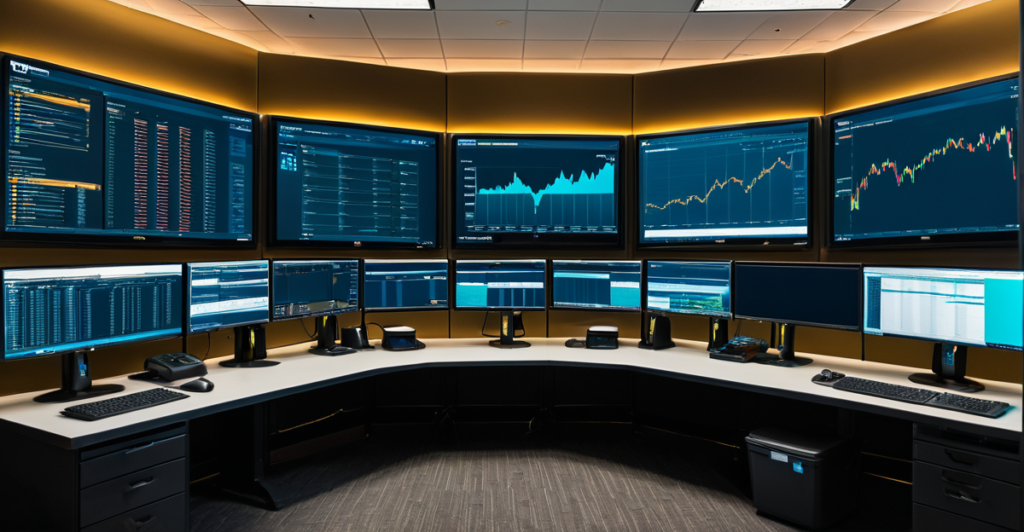 Cybersecurity operations center monitoring global blockchain networks and exchange security metrics.