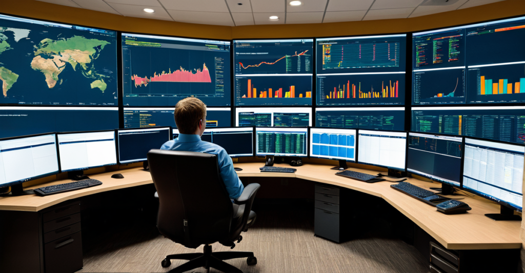 A modern financial technology operations room monitoring digital asset security and blockchain transactions.