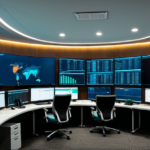 A modern cybersecurity operations center showing real-time blockchain network monitoring