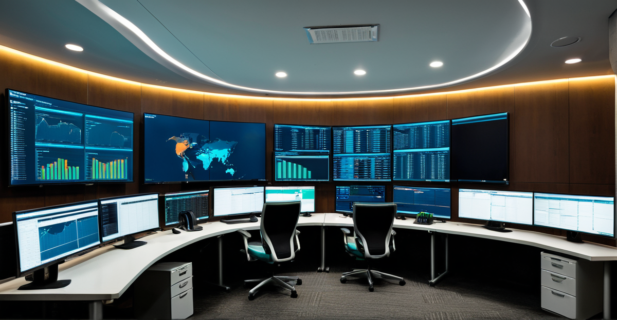 A modern cybersecurity operations center showing real-time blockchain network monitoring