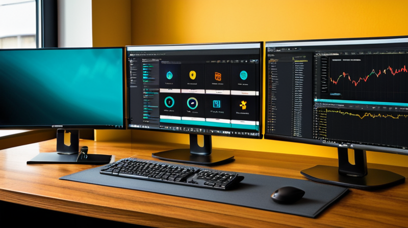 Developer workspace with C++ programming code and a hardware wallet on the desk