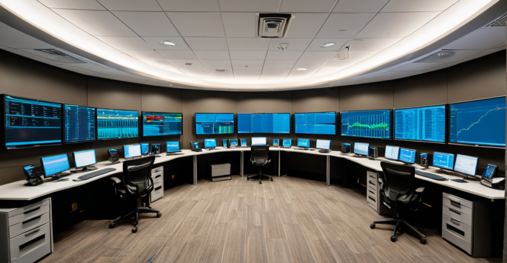 A high-tech financial operations room with real-time transaction charts and server cabinets.
